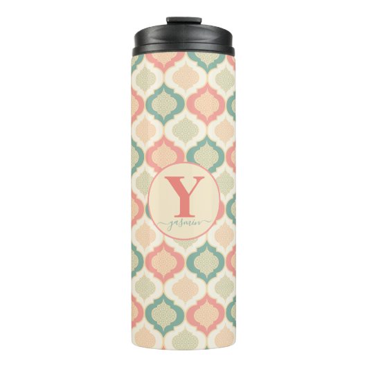 Gepersonaliseerde Arabesque koraal, groen en crème Thermosbeker (Voorkant)