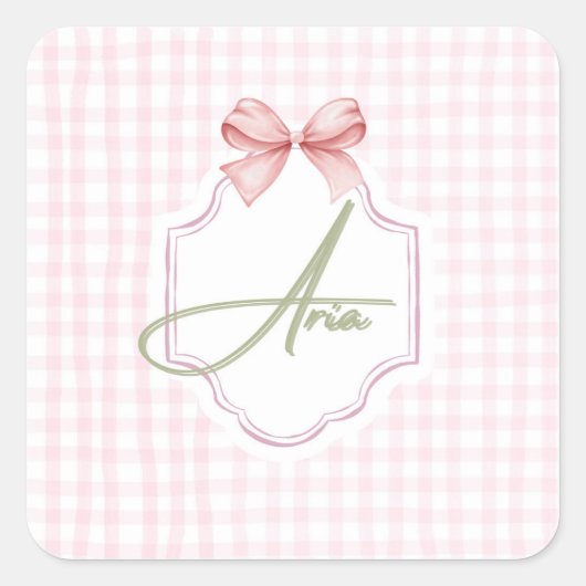 Gepersonaliseerde Aria Baby Girl Nursery Bow & Gin Vierkante Sticker (Voorkant)