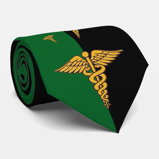 Gepersonaliseerde arts Caduceus groen en zwart Stropdas (Opgerold)