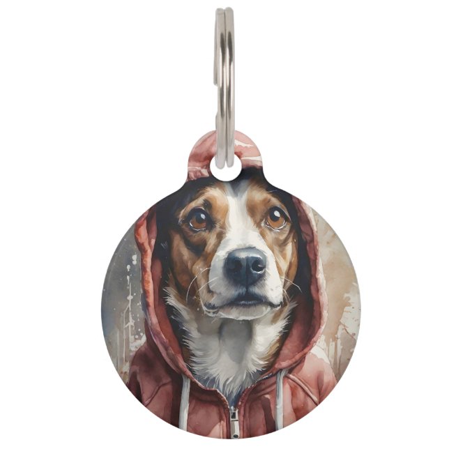 Gepersonaliseerde Artwork Bruin en Witte Hond Hood Huisdierpenning (Voorkant)