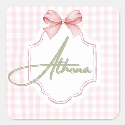 Gepersonaliseerde Athena Baby Girl Nursery Bow & G Vierkante Sticker (Voorkant)