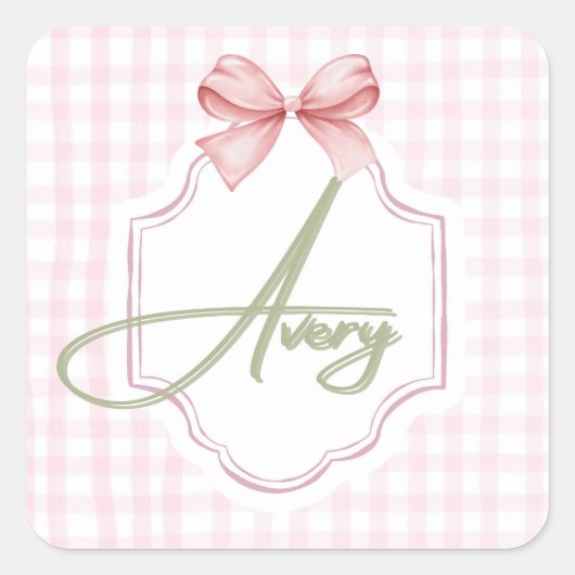 Gepersonaliseerde Avery Baby Girl Nursery Bow & Gi Vierkante Sticker (Voorkant)