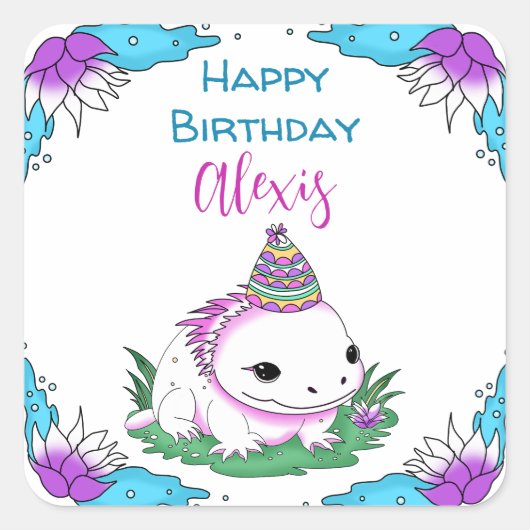 Gepersonaliseerde Axolotl Theme Girl's Birthday Vierkante Sticker (Voorkant)