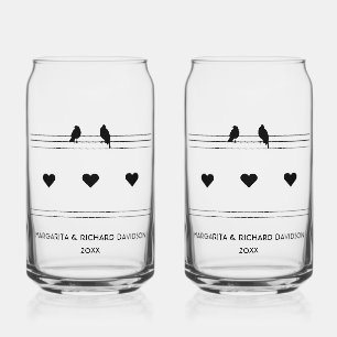 Gepersonaliseerde B&W 2 vogels & 3 harten Blikvorm Glas