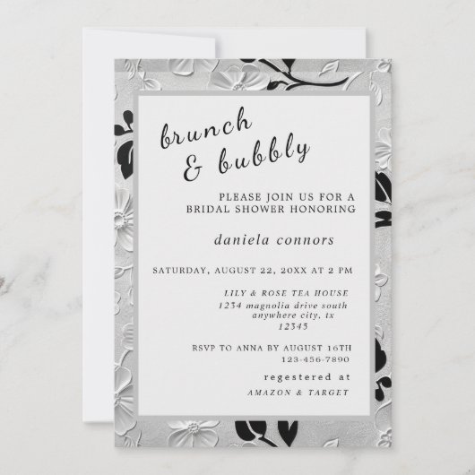 Gepersonaliseerde B & W Bloemen Brunch & Bubbly Kaart (Voorkant)