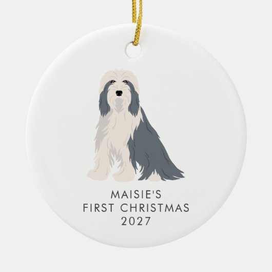 Gepersonaliseerde baardcollie hond eerste kerst keramisch ornament (Voorkant)