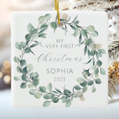 Gepersonaliseerde Baby 1e Kerst Eucalyptus Krans Keramisch Ornament