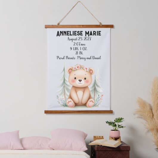 Gepersonaliseerde Baby Beer Geboortestatistieken M Hangend Wandkleed (Slaapkamer)
