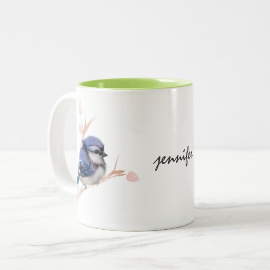 Gepersonaliseerde Baby Blue Jay Vogel Mok (Voorkant links)