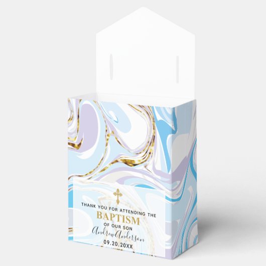 Gepersonaliseerde Baby Boy Blauw Abstract Marmeren Bedankdoosjes (Geopend)