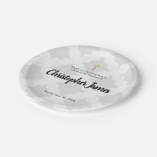 Gepersonaliseerde Baby Boy Grijs Doopsel & gouden  Papieren Bordje (Gekanteld)