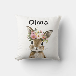 Gepersonaliseerde Baby Bunny met Bloemenkrans Kussen