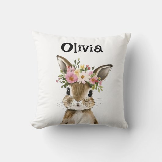 Gepersonaliseerde Baby Bunny met Bloemenkrans Kussen (Voorkant)
