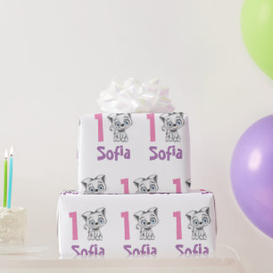 Gepersonaliseerde Baby Cat Plaid eerste verjaardag Cadeaupapier