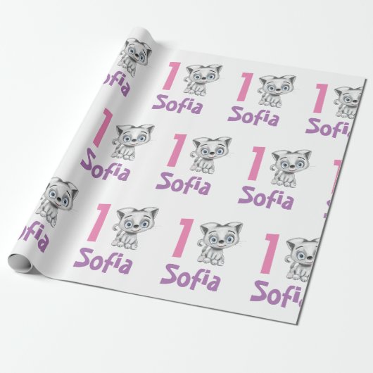 Gepersonaliseerde Baby Cat Plaid eerste verjaardag Cadeaupapier (Uitgerold)