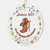 Gepersonaliseerde Baby Cowboy Eerste Kerstmis Keramisch Ornament (Links)