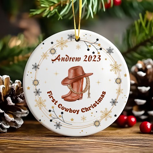 Gepersonaliseerde Baby Cowboy Eerste Kerstmis Keramisch Ornament