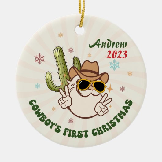 Gepersonaliseerde Baby Cowboy Eerste Kerstmis Keramisch Ornament (Voorkant)