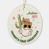 Gepersonaliseerde Baby Cowboy Eerste Kerstmis Keramisch Ornament (Links)