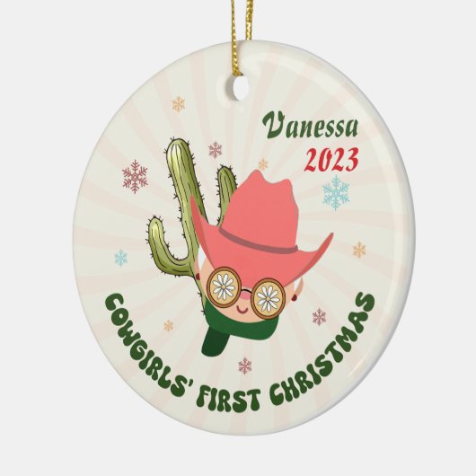Gepersonaliseerde Baby Cowgirl Eerste Kerstmis Keramisch Ornament (Links)