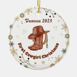 Gepersonaliseerde Baby Cowgirl's Eerste Kerstmis Keramisch Ornament