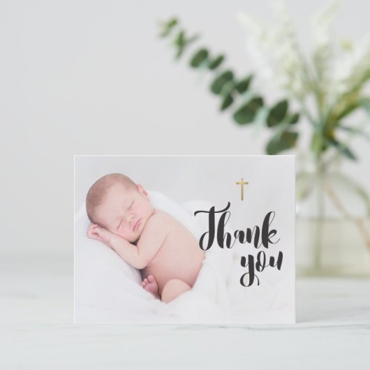 Gepersonaliseerde Baby doop Dank u Foto Briefkaart (Staand voorkant)