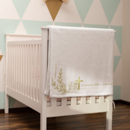 Gepersonaliseerde Baby Doop Gouden Kruis Bloemen Sherpa Deken