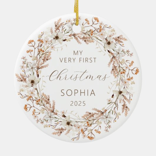 Gepersonaliseerde Baby Eerste Kerst Boho Wildflowe Keramisch Ornament (Achterkant)