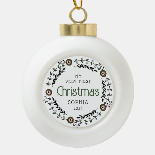 Gepersonaliseerde Baby Eerste Kerst Nordic Keramische Bal Ornament (Voorkant)