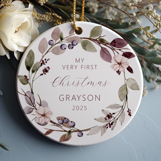 Gepersonaliseerde Baby Eerste Kerst Paarse Krans Keramisch Ornament