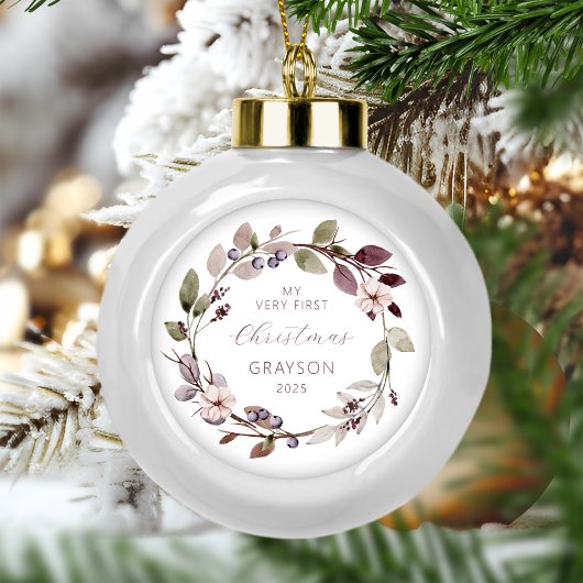 Gepersonaliseerde Baby Eerste Kerst Paarse Krans Keramische Bal Ornament