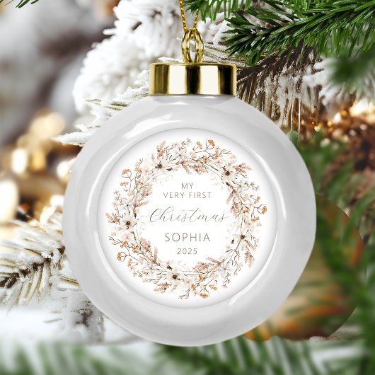 Gepersonaliseerde Baby Eerste Kerst Wildflowers Keramische Bal Ornament