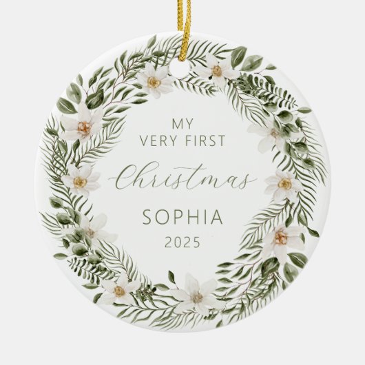 Gepersonaliseerde Baby Eerste Kerstboskrans Keramisch Ornament (Voorkant)