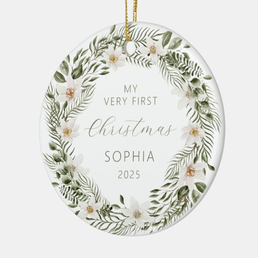 Gepersonaliseerde Baby Eerste Kerstboskrans Keramisch Ornament (Links)