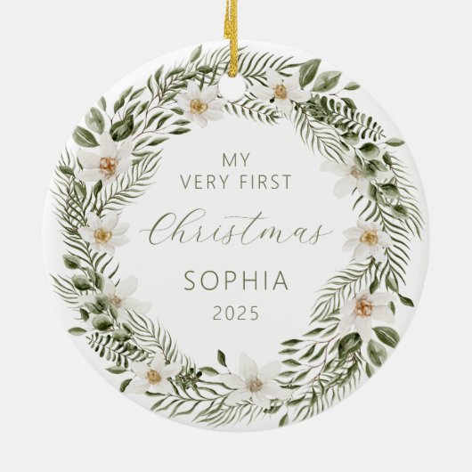 Gepersonaliseerde Baby Eerste Kerstboskrans Keramisch Ornament (Achterkant)