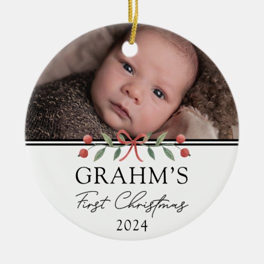 Gepersonaliseerde Baby Eerste Kerstfeest Foto Keramisch Ornament (Voorkant)