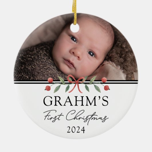 Gepersonaliseerde Baby Eerste Kerstfeest Foto Keramisch Ornament (Achterkant)