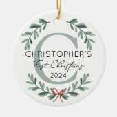 Gepersonaliseerde Baby Eerste Kerstfeest Groen Keramisch Ornament (Voorkant)