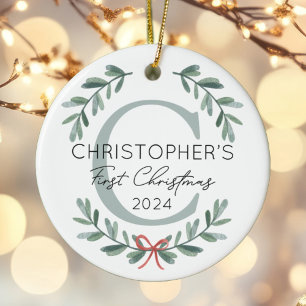 Gepersonaliseerde Baby Eerste Kerstfeest Groen Keramisch Ornament