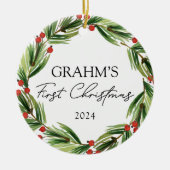 Gepersonaliseerde Baby Eerste Kerstfeest Krans Keramisch Ornament (Voorkant)