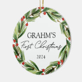 Gepersonaliseerde Baby Eerste Kerstfeest Krans Keramisch Ornament (Links)