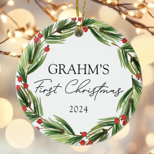 Gepersonaliseerde Baby Eerste Kerstfeest Krans Keramisch Ornament
