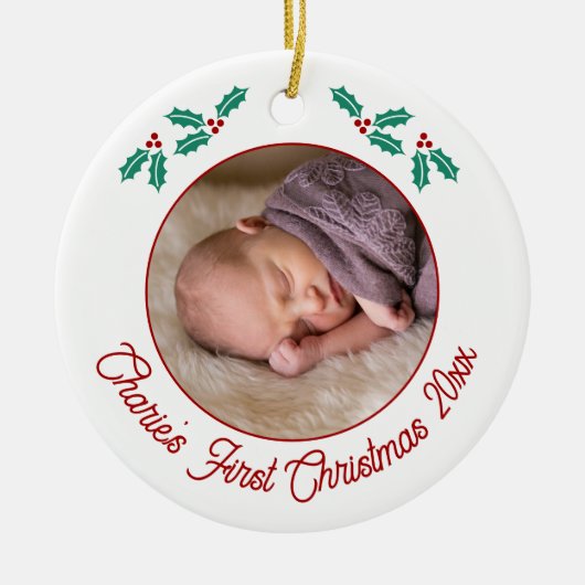 Gepersonaliseerde Baby Eerste Kerstfoto Keramisch Ornament (Voorkant)