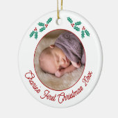 Gepersonaliseerde Baby Eerste Kerstfoto Keramisch Ornament (Links)