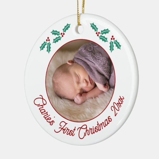 Gepersonaliseerde Baby Eerste Kerstfoto Keramisch Ornament (Links)