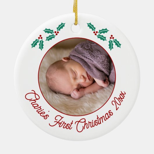 Gepersonaliseerde Baby Eerste Kerstfoto Keramisch Ornament (Achterkant)