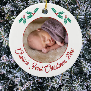 Gepersonaliseerde Baby Eerste Kerstfoto Keramisch Ornament