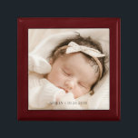 Gepersonaliseerde Baby Foto Geboorte Hout Keepsake Cadeaudoosje<br><div class="desc">Een zoete gepersonaliseerde nieuwe babyfoto met naam en geboortedatum,  houten gelakte souvenirdoos. Vervang deze foto door je eigen favoriete foto van welke aard dan ook. Nieuwe baby,  bruiloft,  afstuderen,  enz.</div>