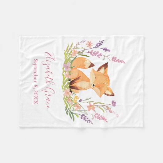 Gepersonaliseerde Baby Fox Wildflower Roze Baby Fleece Deken (Voorkant (Horizontaal))