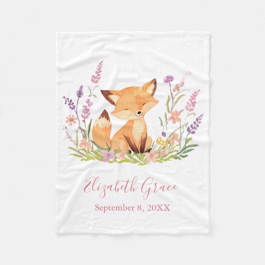 Gepersonaliseerde Baby Fox Wildflower Roze Baby Fleece Deken (Voorkant)